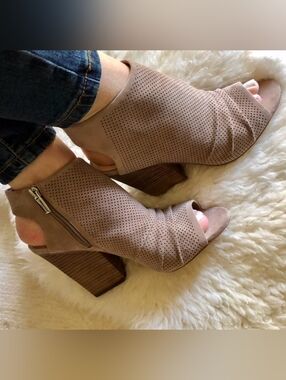 Vince Camuto Perforated Open-Toe Block Heel Booties - Taupe